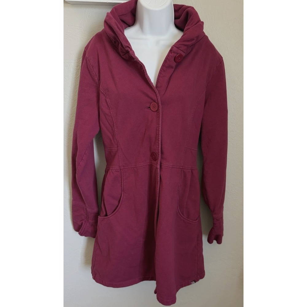 PrAna Button Up Long Coat Jacket Womens XL Purple Pockets 100% Organic Cotton